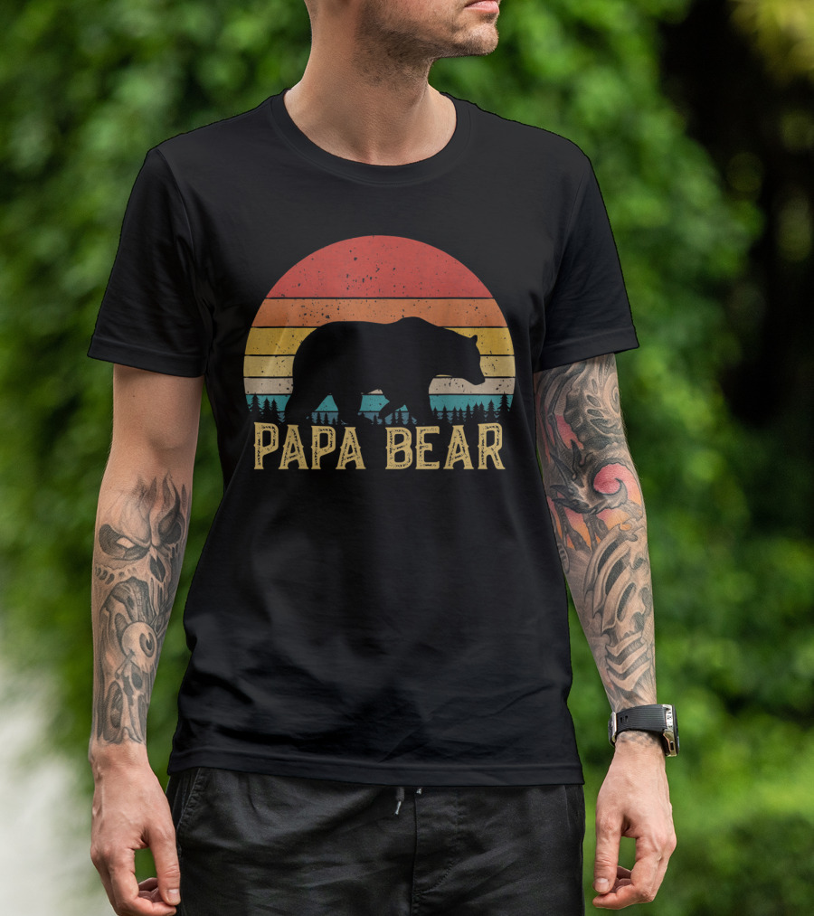 Papa Bear Retro Vintage Sunset Hiking Camping T-Shirt