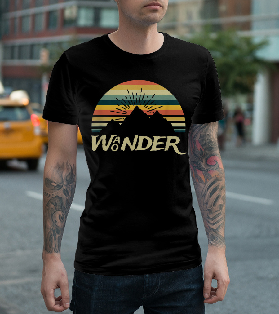 Retro Wonder Wanderer Camping Hiking Mountain Sunset Stripes T-Shirt