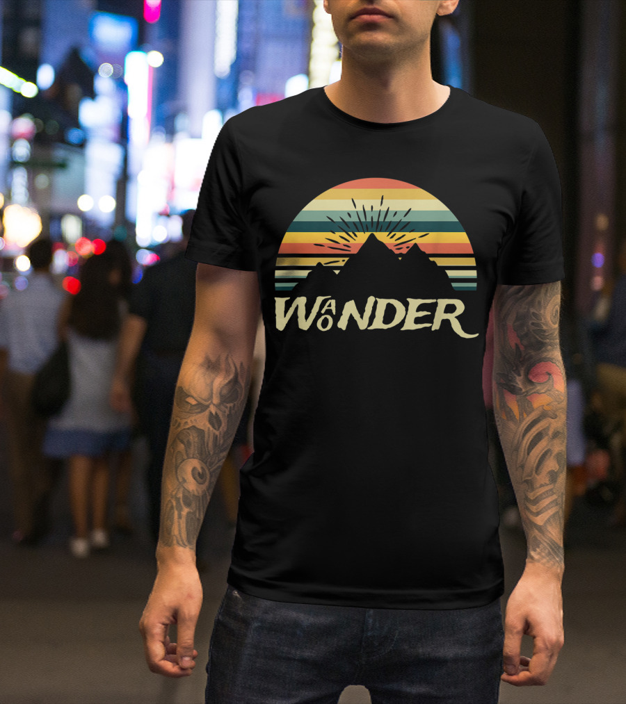 Retro Wonder Wanderer Camping Hiking Mountain Sunset Stripes T-Shirt