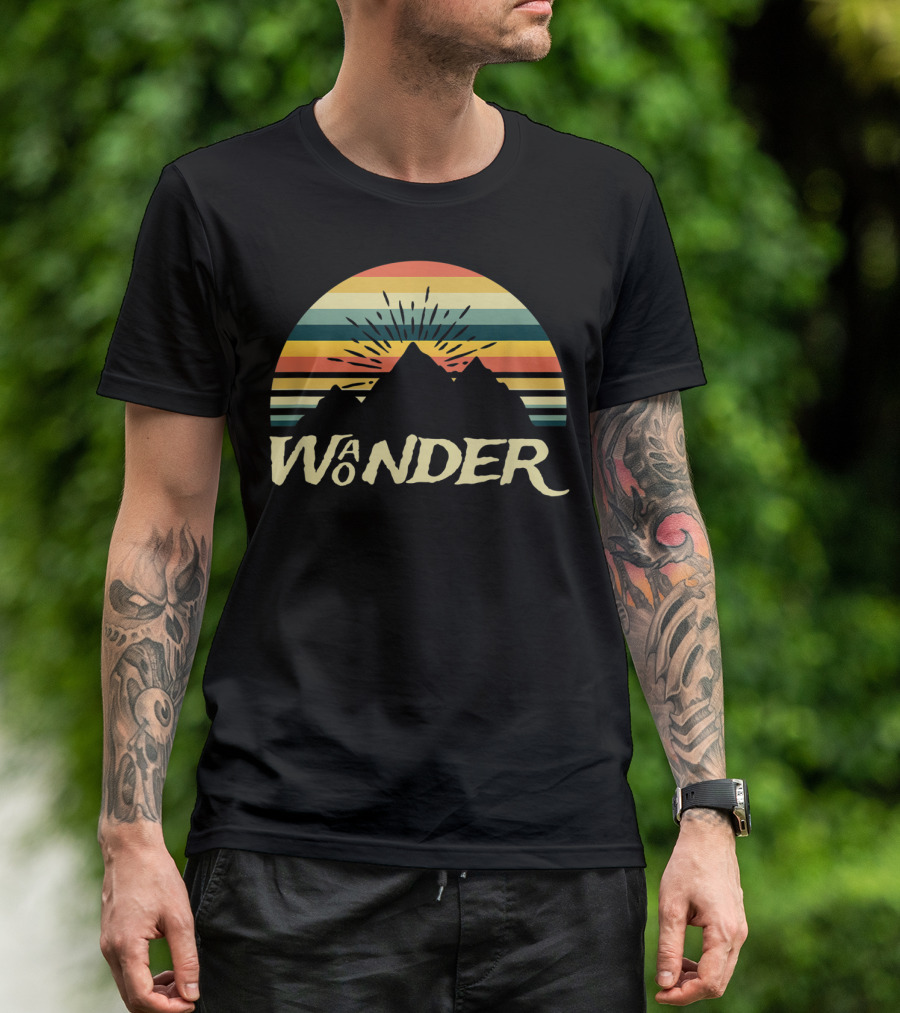 Retro Wonder Wanderer Camping Hiking Mountain Sunset Stripes T-Shirt