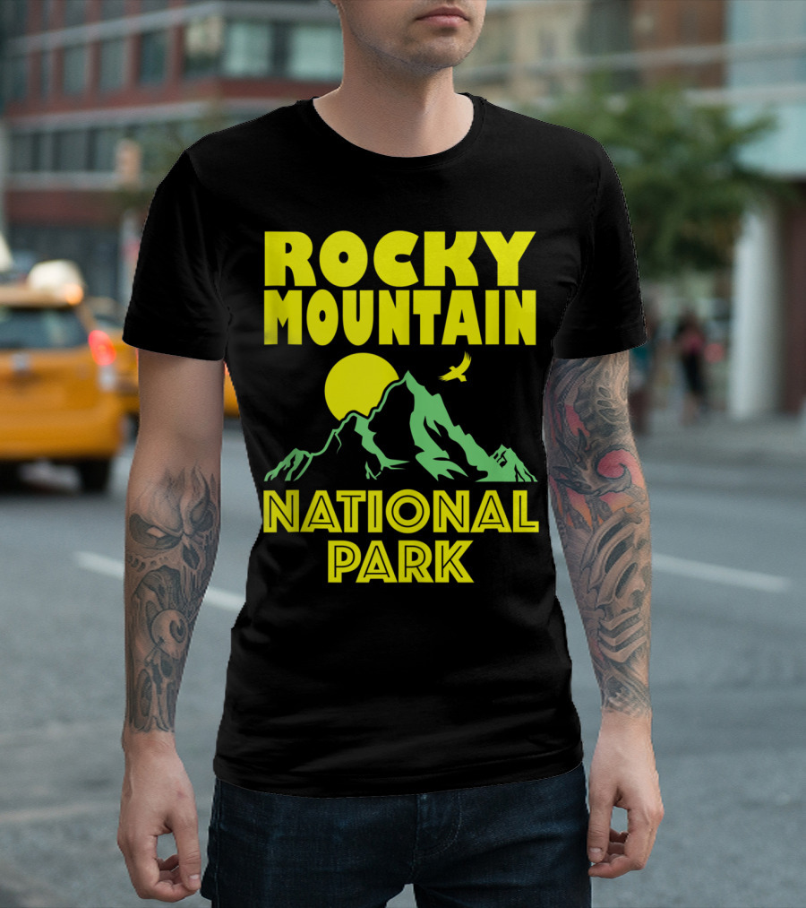 Rocky Mountain National Park Colorado Sun and Mountains with Bird in Flight T-Shirt
