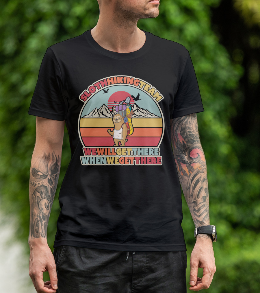 Sloth Hiking Team We Will Get There When We Get There Retro Sunset Mountains T-Shirt