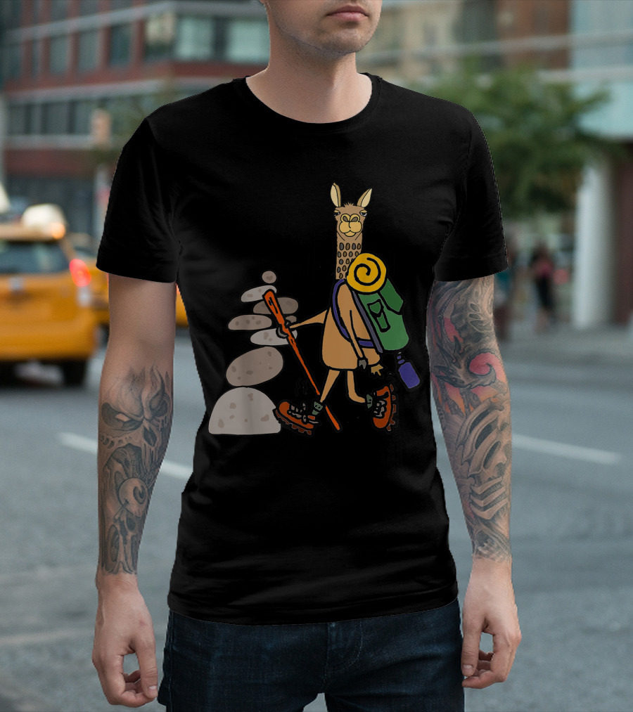 Smilessports Funny Llama Hiking Cartoon with Backpack and Walking Stick T-Shirt