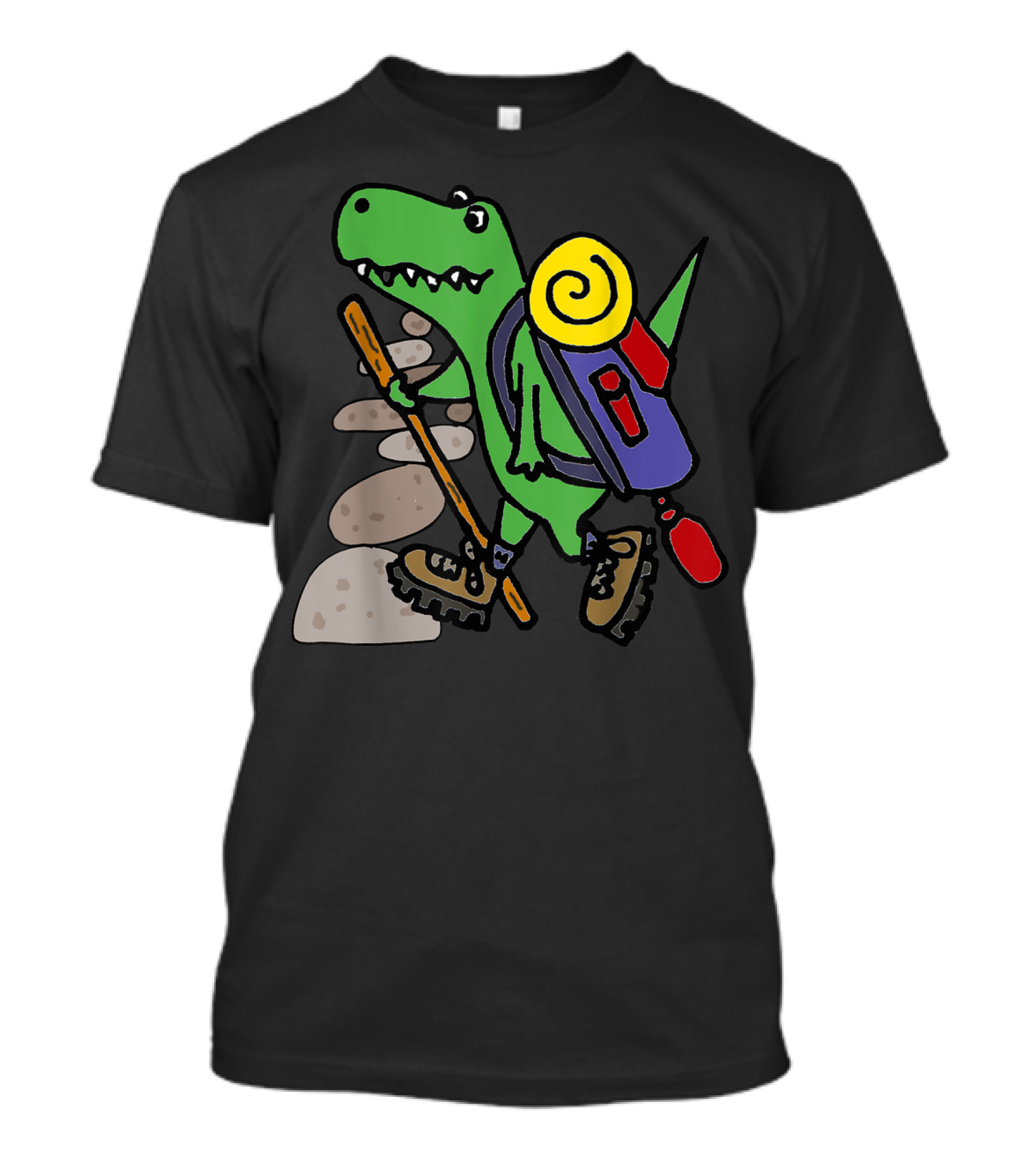 Smilessports Funny T-Rex Hiking Cartoon Dinosaur With Backpack And Stick T-Shirt