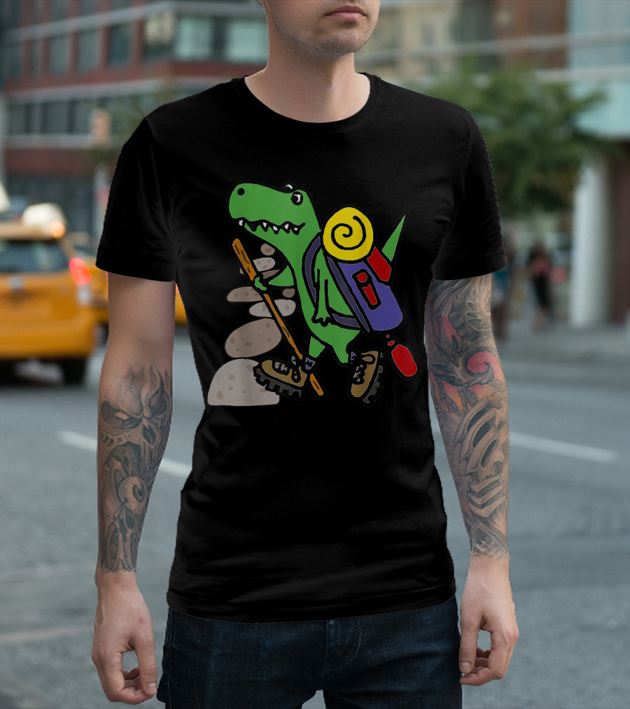Smilessports Funny T-Rex Hiking Cartoon Dinosaur With Backpack And Stick T-Shirt