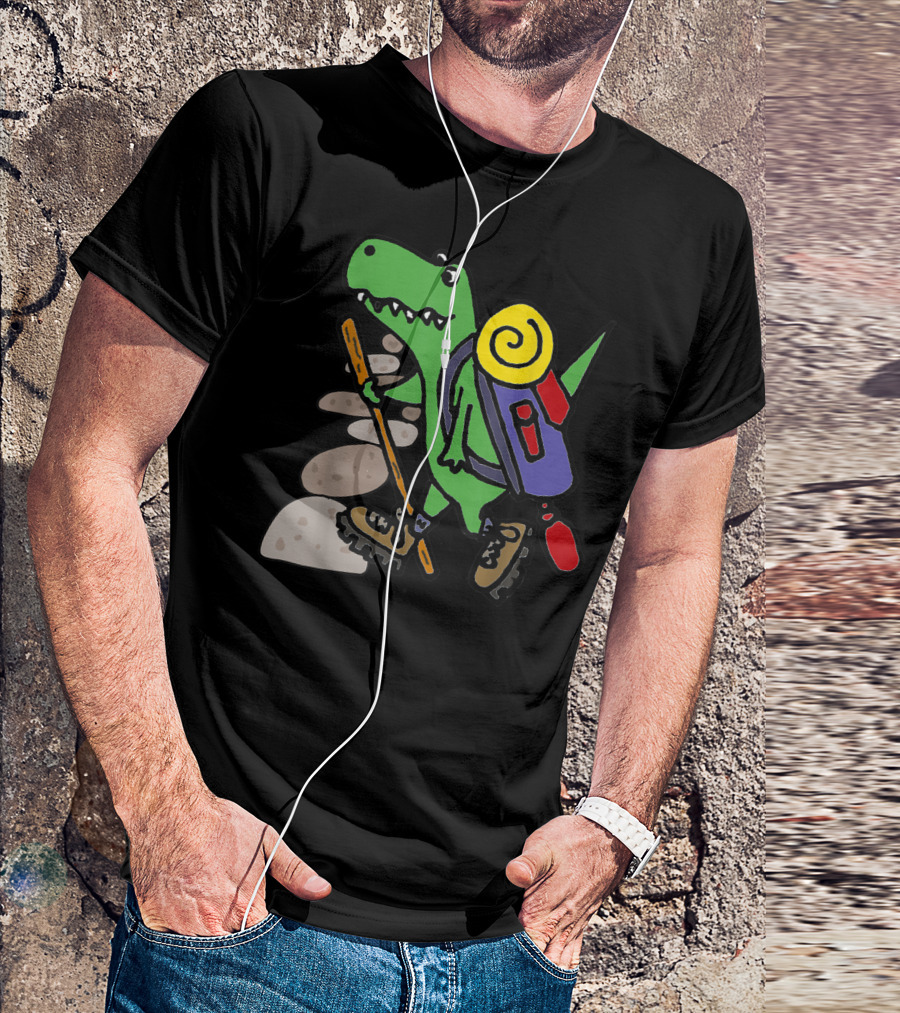 Smilessports Funny T-Rex Hiking Cartoon Dinosaur With Backpack And Stick T-Shirt