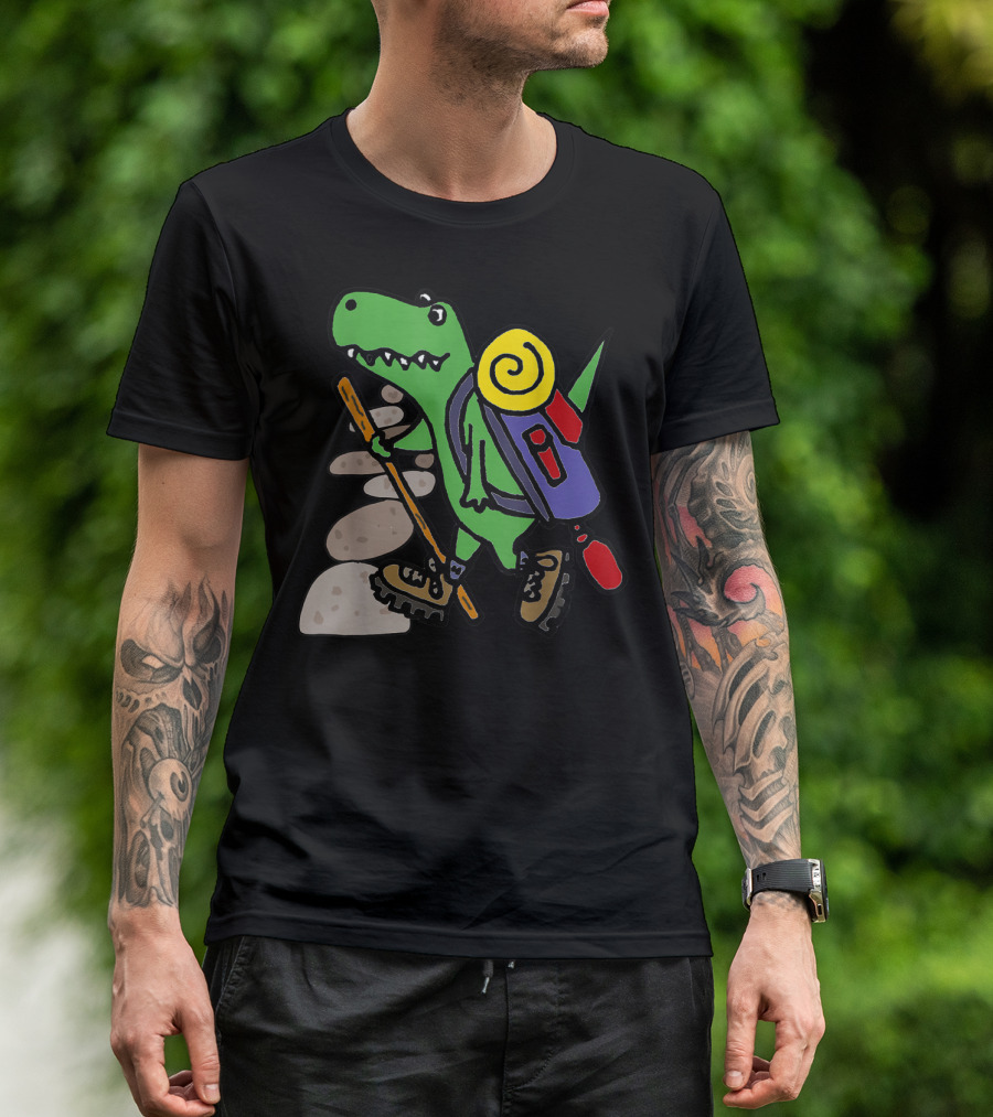 Smilessports Funny T-Rex Hiking Cartoon Dinosaur With Backpack And Stick T-Shirt