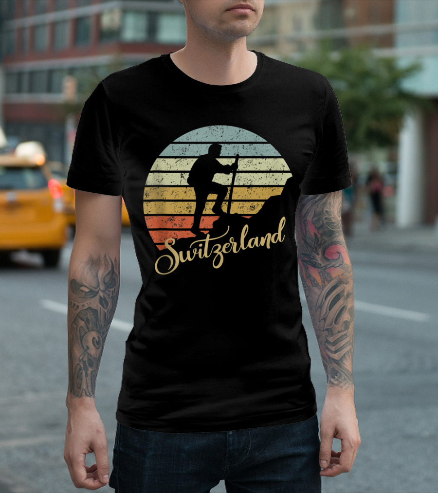 Switzerland Hiking Mountains Vacation Retro Sunset T-Shirt