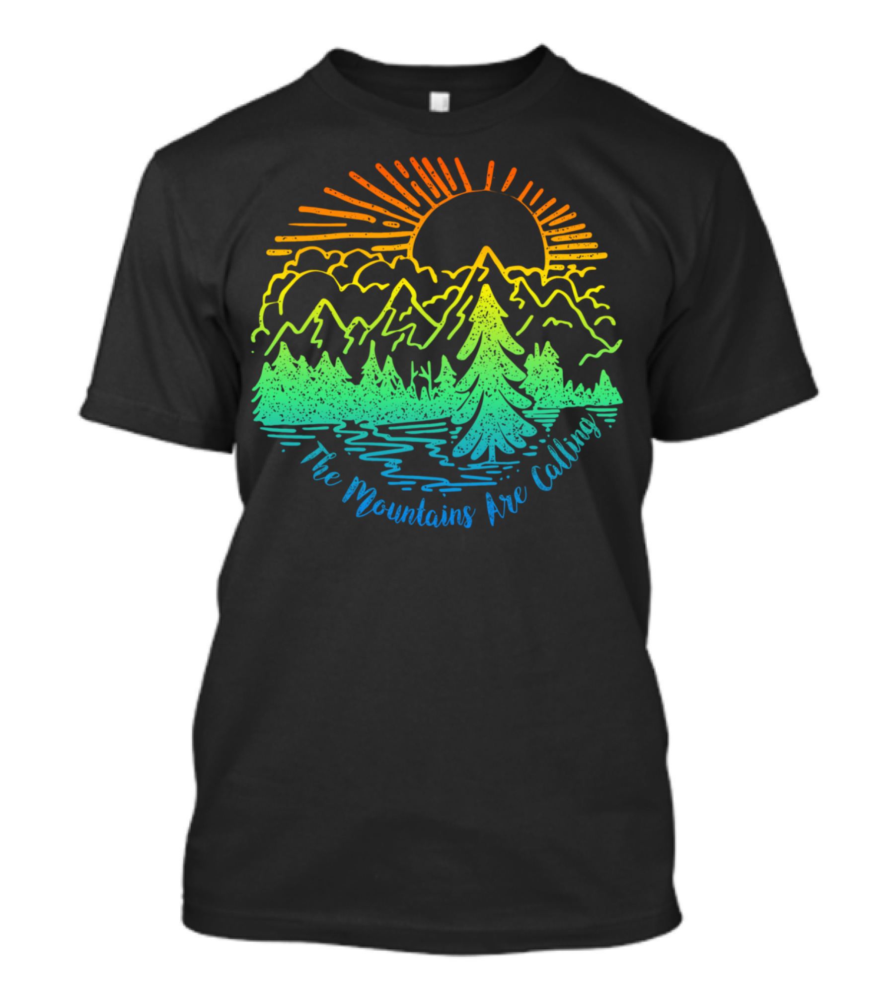 The Mountains Are Calling Camping Hiking Sunburst Forest Scene T-Shirt
