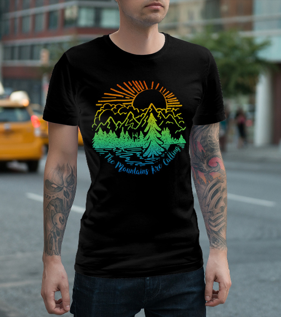 The Mountains Are Calling Camping Hiking Sunburst Forest Scene T-Shirt