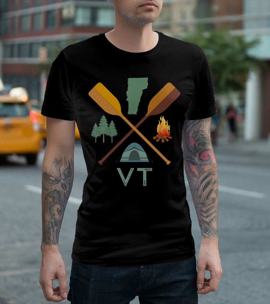 Vermont VT Camping Canoeing Hiking Nature Tent Campfire Paddles Trees T-Shirt