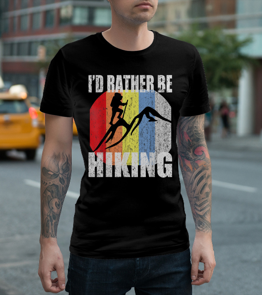 I'D RATHER BE HIKING Vintage Hiking Retro Stripes Mountain Climber T-Shirt