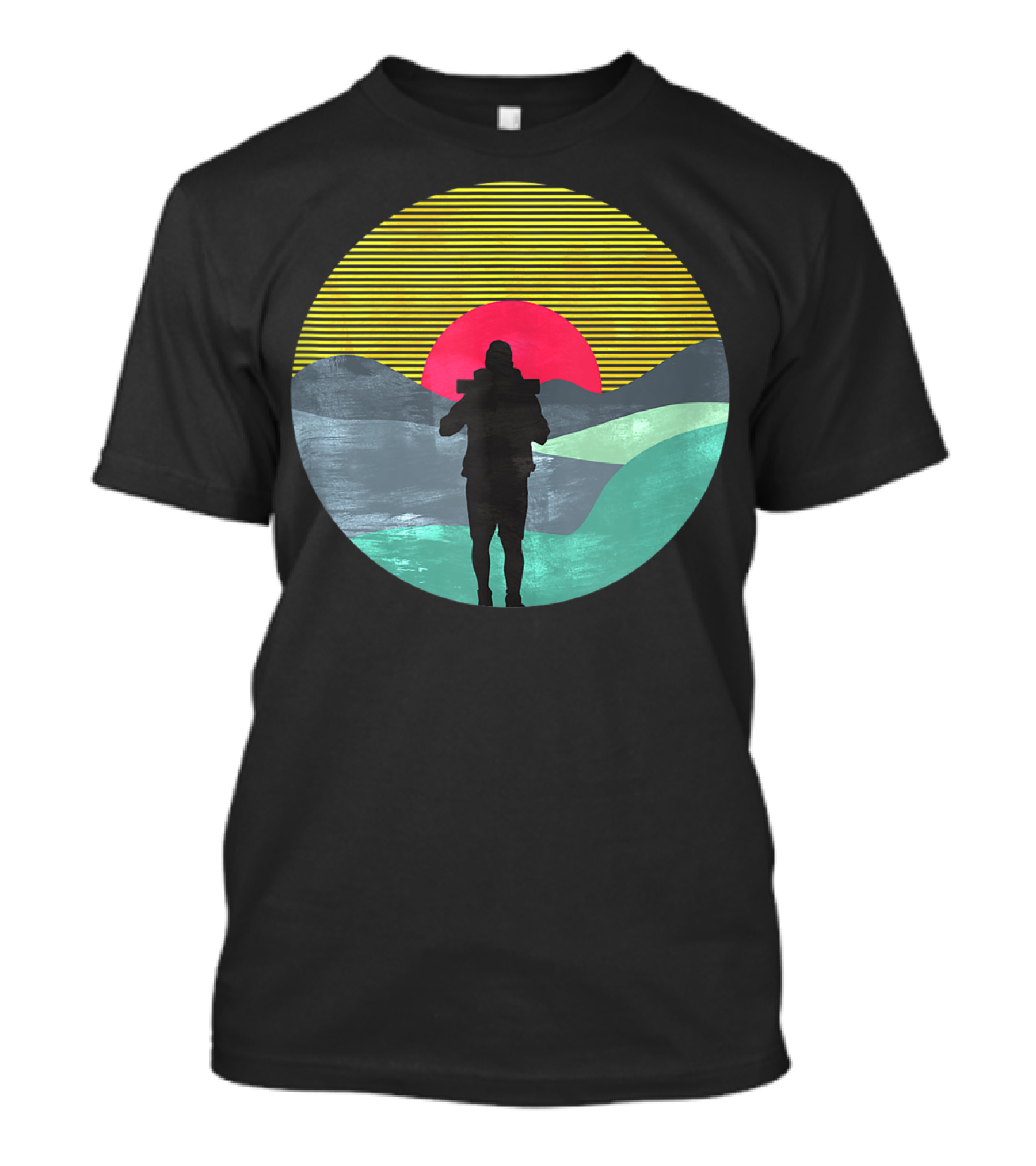 Vintage Hiking Mountains Wildlife Silhouette Adventure Sunset T-Shirt