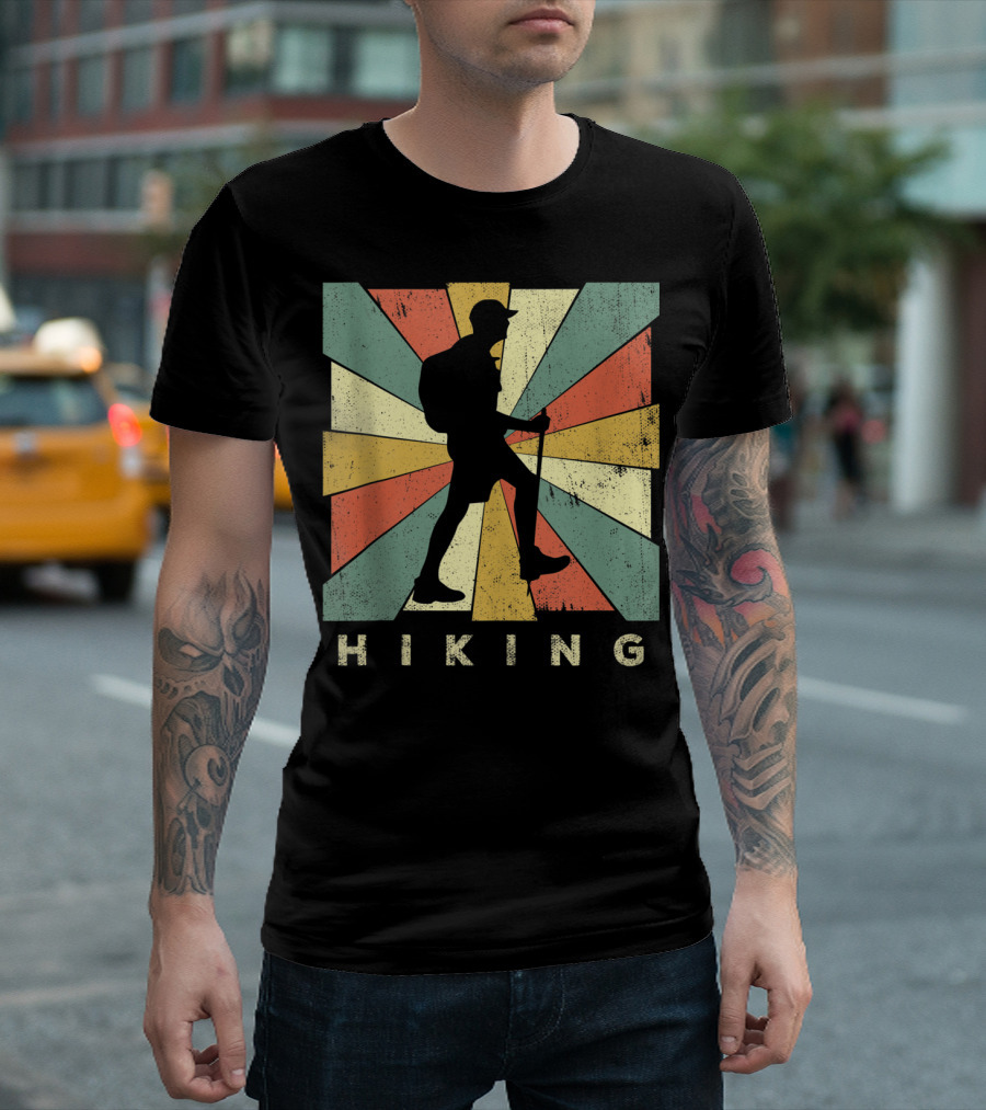 Retro Hiking Silhouette with Colorful Background T-Shirt