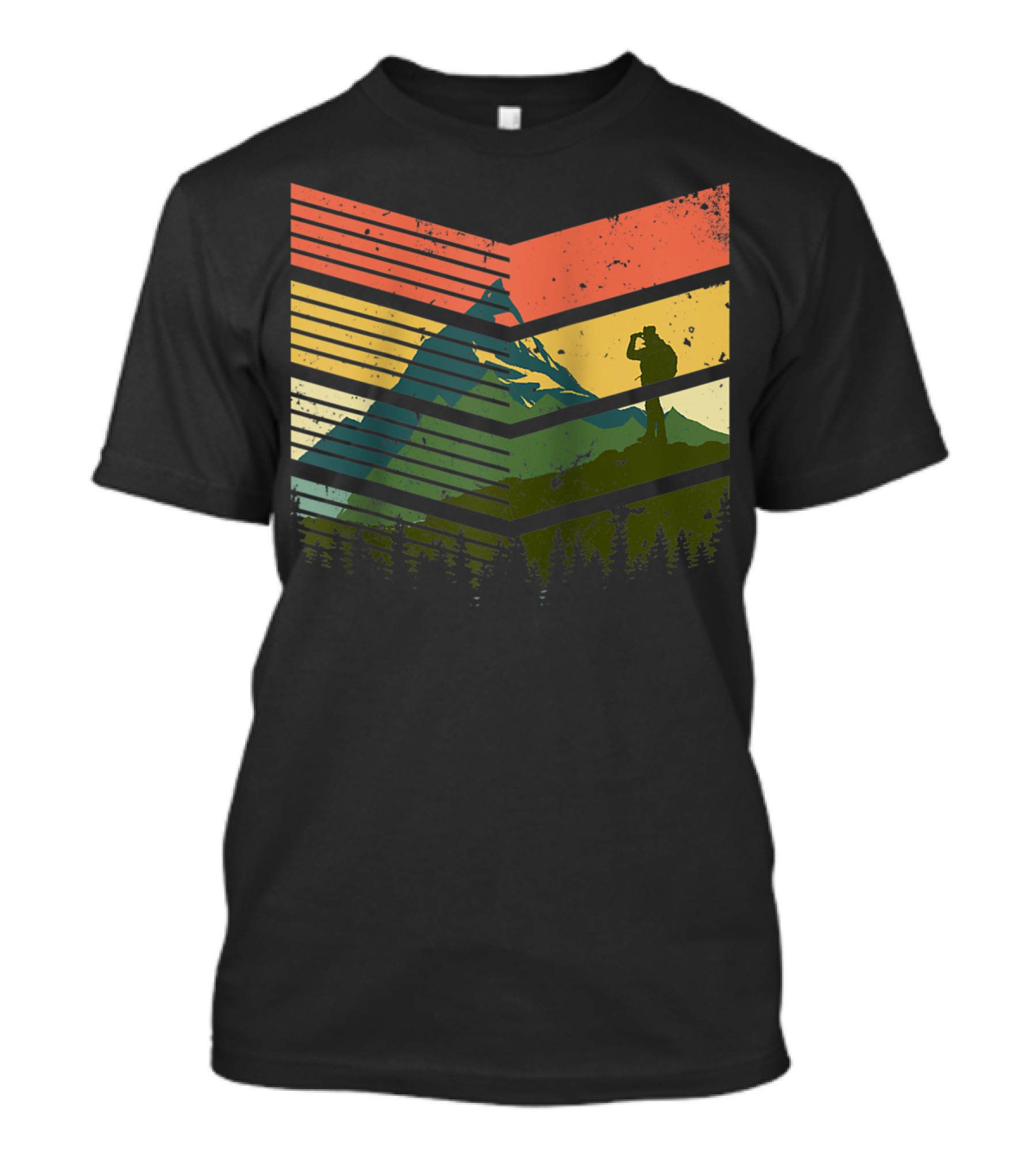 Vintage Mountaineer Hiking Mountain Silhouette Retro Forest Scene T-Shirt