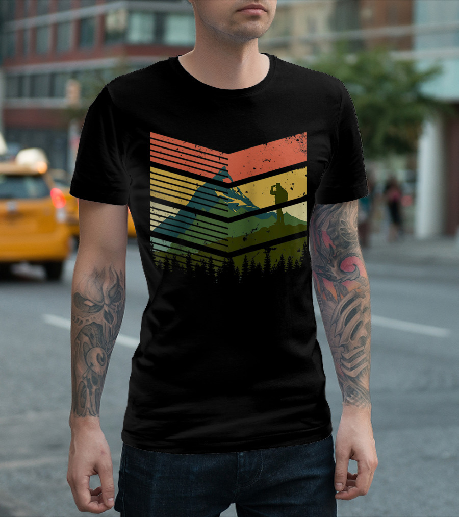 Vintage Mountaineer Hiking Mountain Silhouette Retro Forest Scene T-Shirt