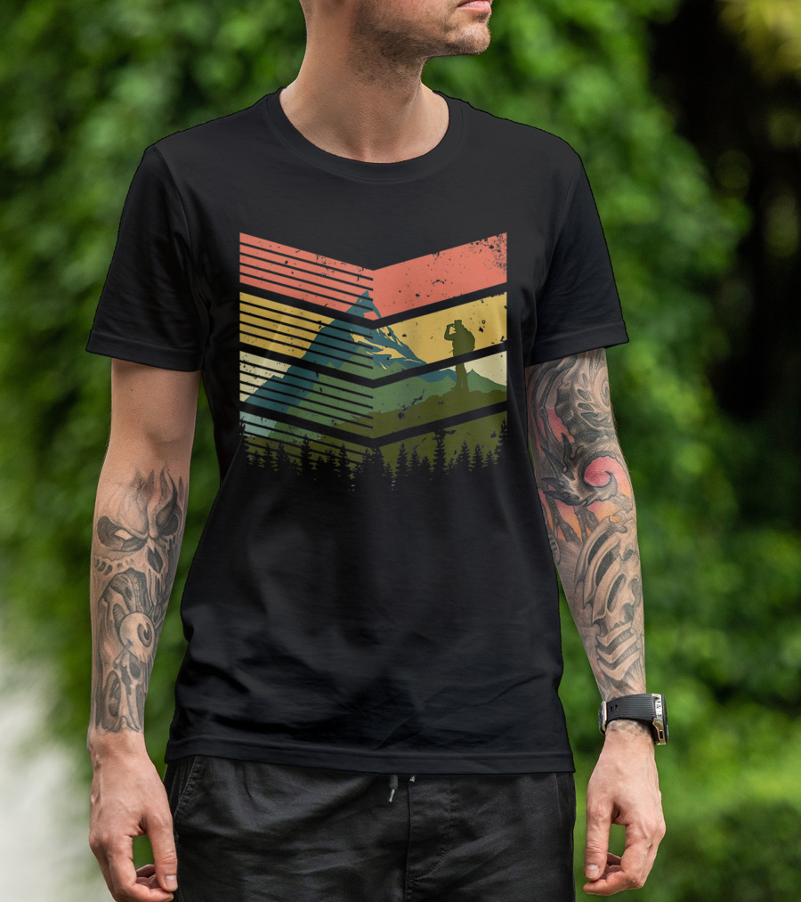Vintage Mountaineer Hiking Mountain Silhouette Retro Forest Scene T-Shirt