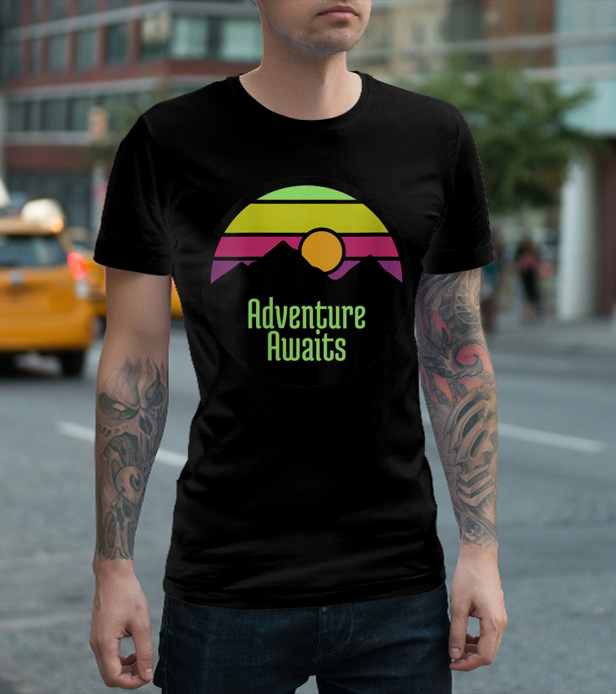 Adventure Awaits Sunset Mountains Camping Hiking T-Shirt