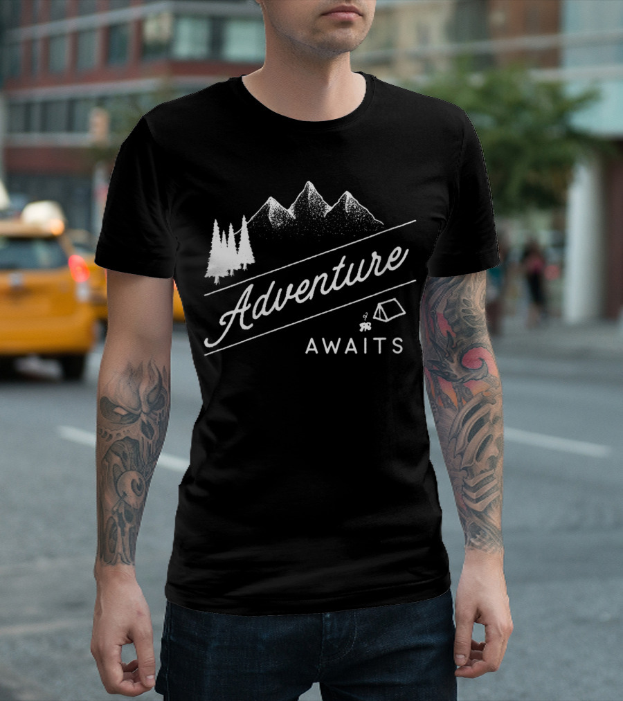 Adventure Awaits Hiking Camping Mountains Campfire Tent T-Shirt