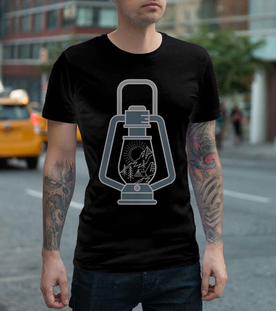 Camping Lantern with Mountain Scene and Tent T-Shirt