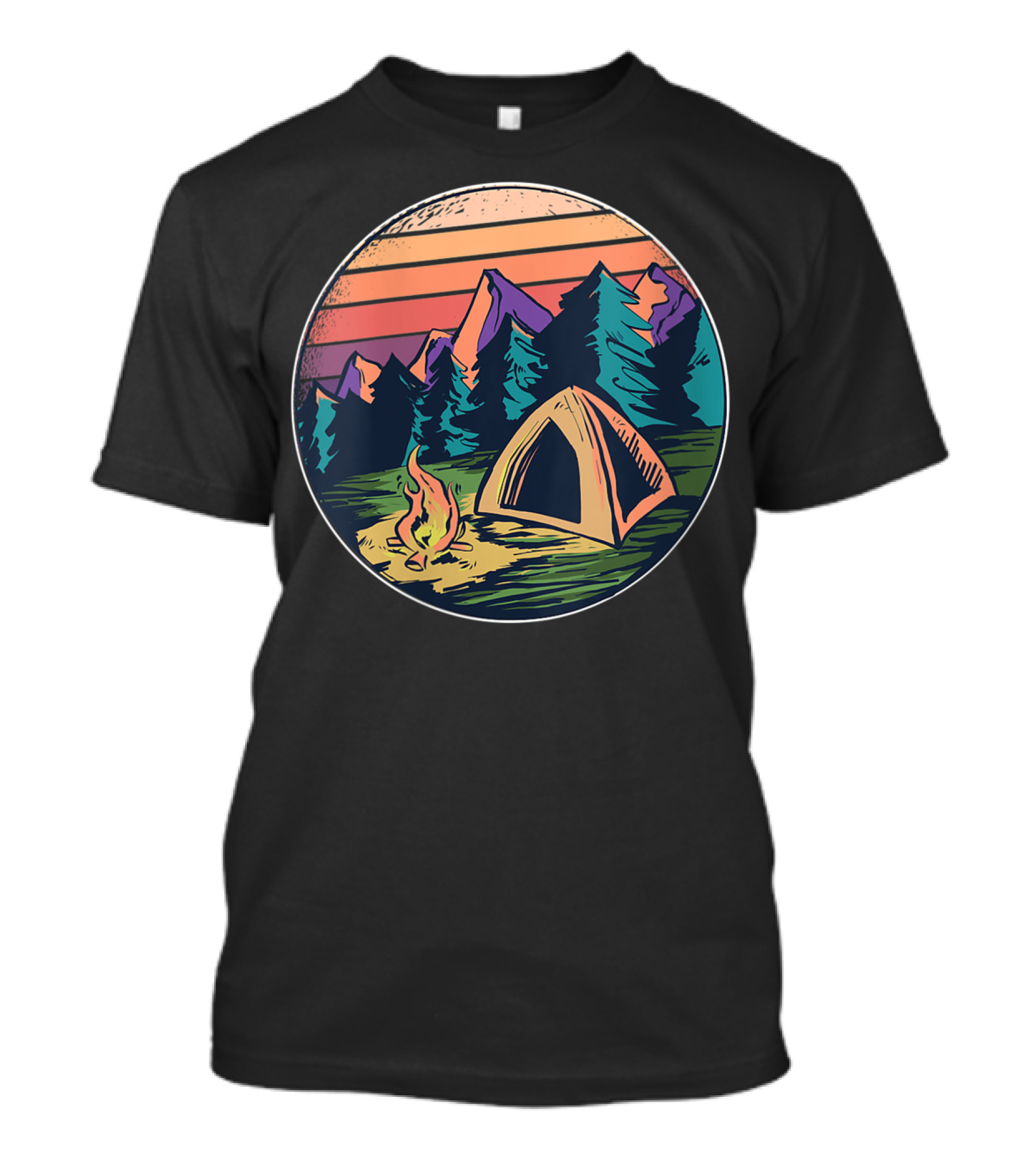 Camping Tent Fire Mountains Forest Sunset Hiking T-Shirt