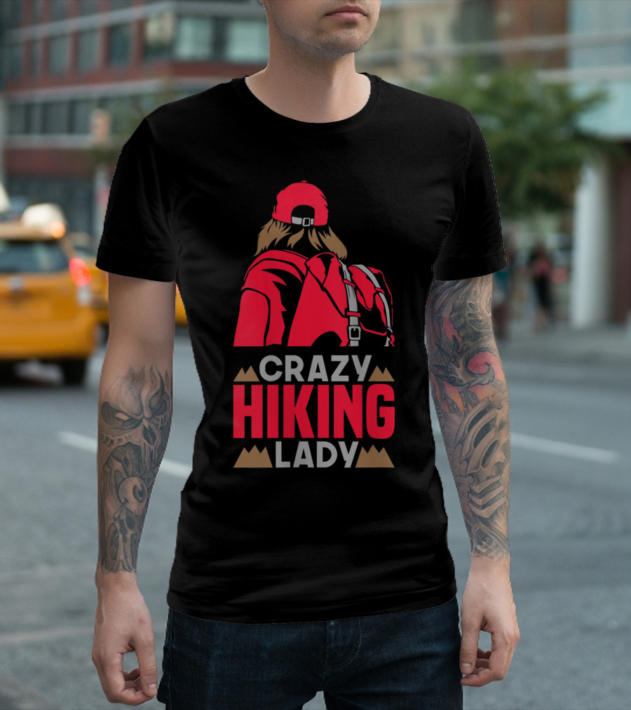 Crazy Hiking Lady Funny Backpacker Red Cap Mountain Adventure T-Shirt