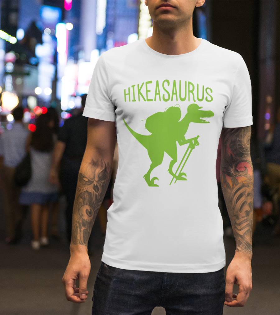 Hikeasaurus Green Dinosaur With Hiking Poles And Backpack T-Shirt