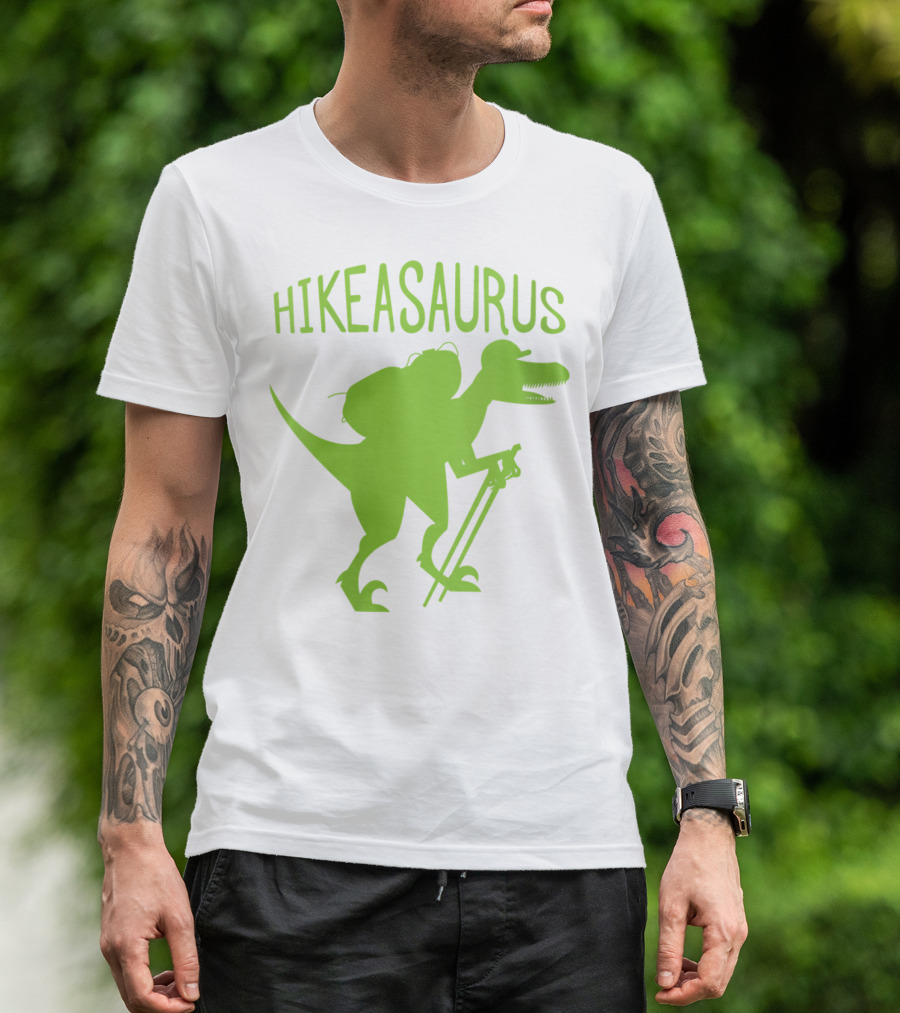 Hikeasaurus Green Dinosaur With Hiking Poles And Backpack T-Shirt