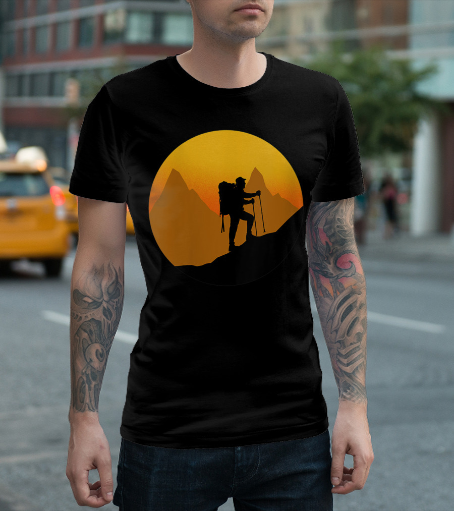 Hiking Walker And Hiker Sunset Mountain T-Shirt