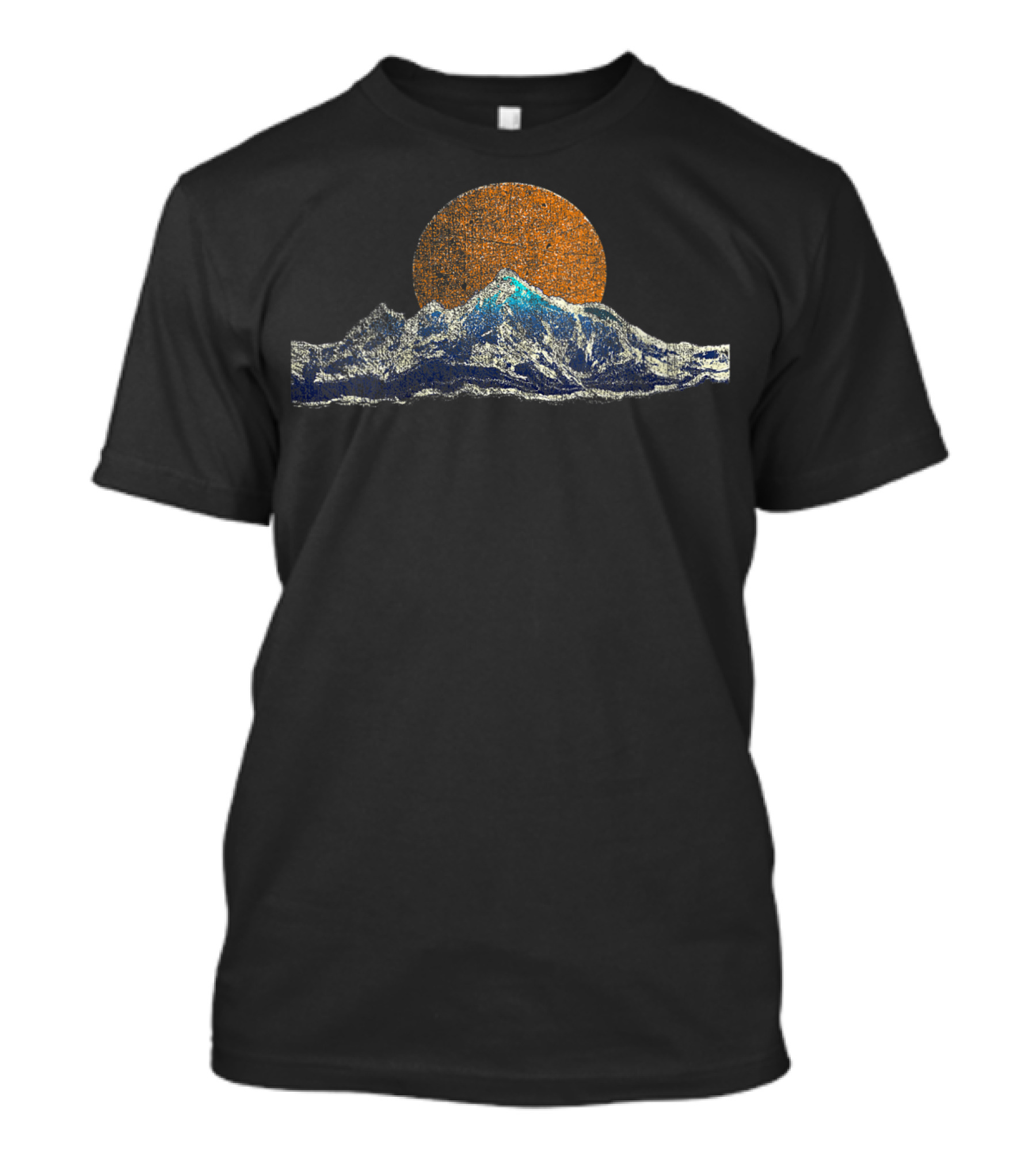 Mountain Hiking And Camping Sunset Scene With Rustic Mountain Range And Large Sun T-Shirt