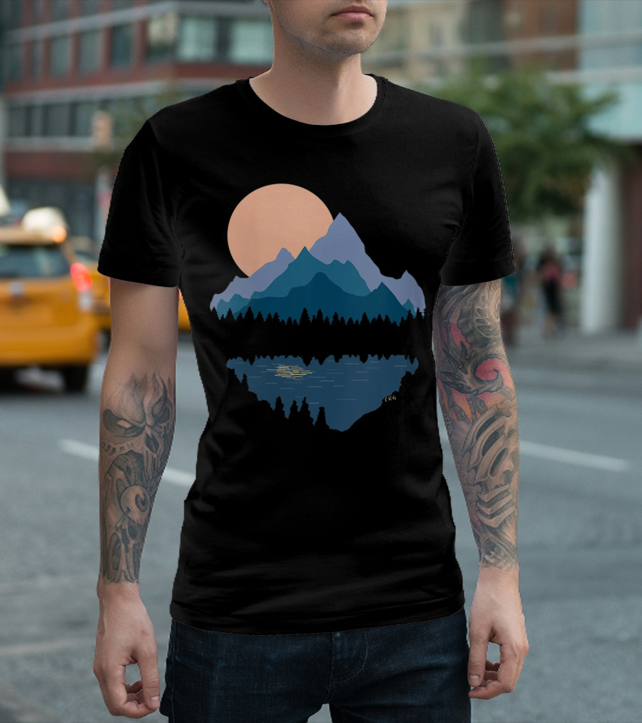 Mountains Lake Nature Outdoors Camping Moon Reflection T-Shirt