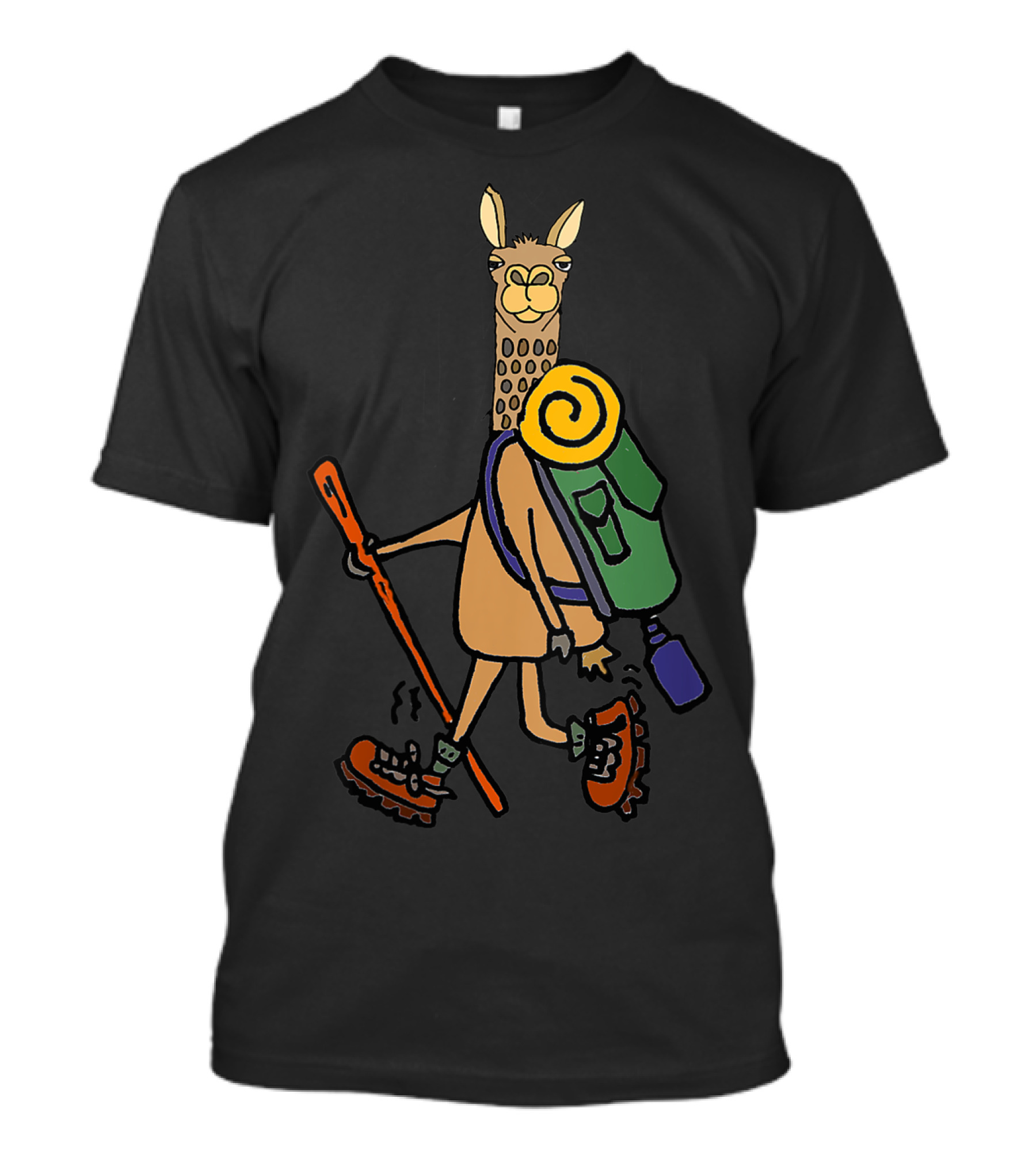 Smilestank Funny Llama Cartoon With Hiking Gear And Backpack T-Shirt