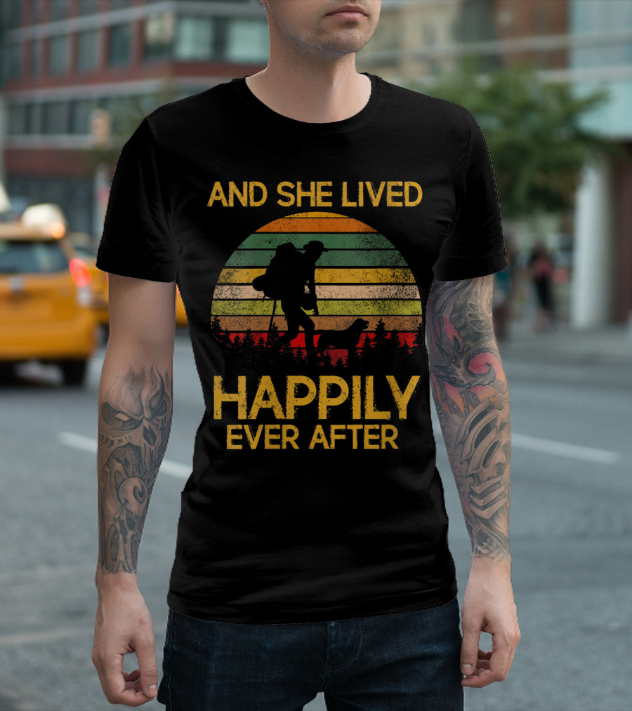 And She Lived Happily Ever After Hiking Adventure Retro Stripes T-Shirt