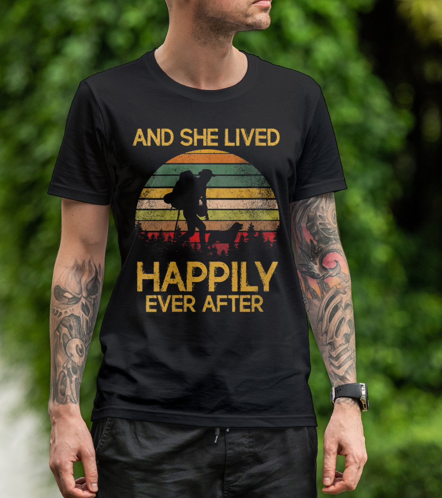 And She Lived Happily Ever After Hiking Adventure Retro Stripes T-Shirt