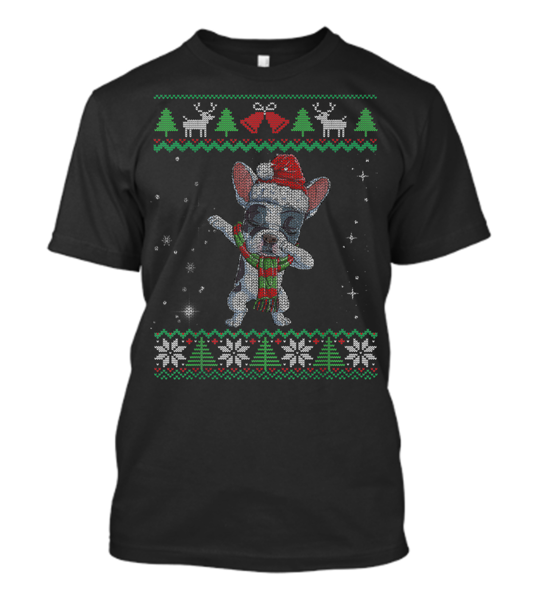Dabbing French Bulldog Santa Ugly Christmas Sweater Reindeer Trees Snowflakes T-Shirt