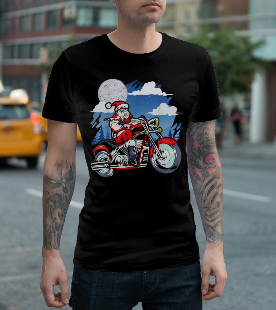 Santa Claus Biker Riding Motorcycle Under Moon and Clouds T-Shirt
