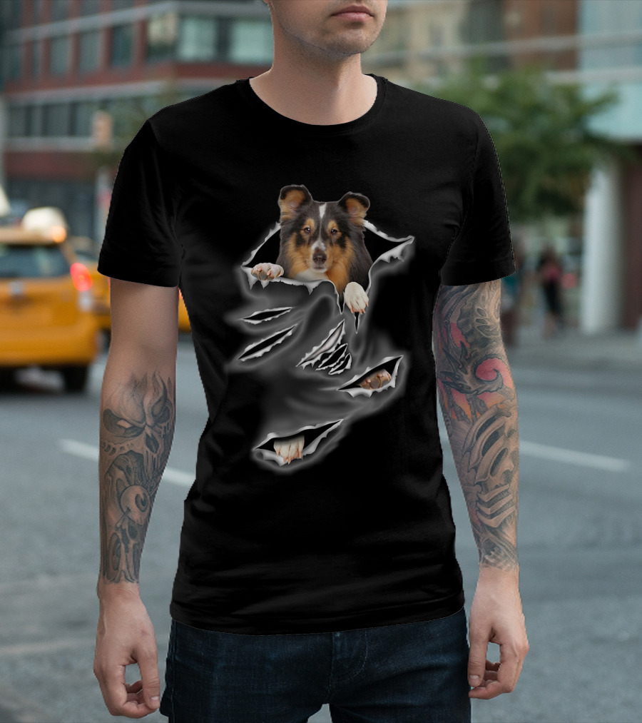 Shetland Sheepdog Torn Pocket Scratch Dog T-Shirt