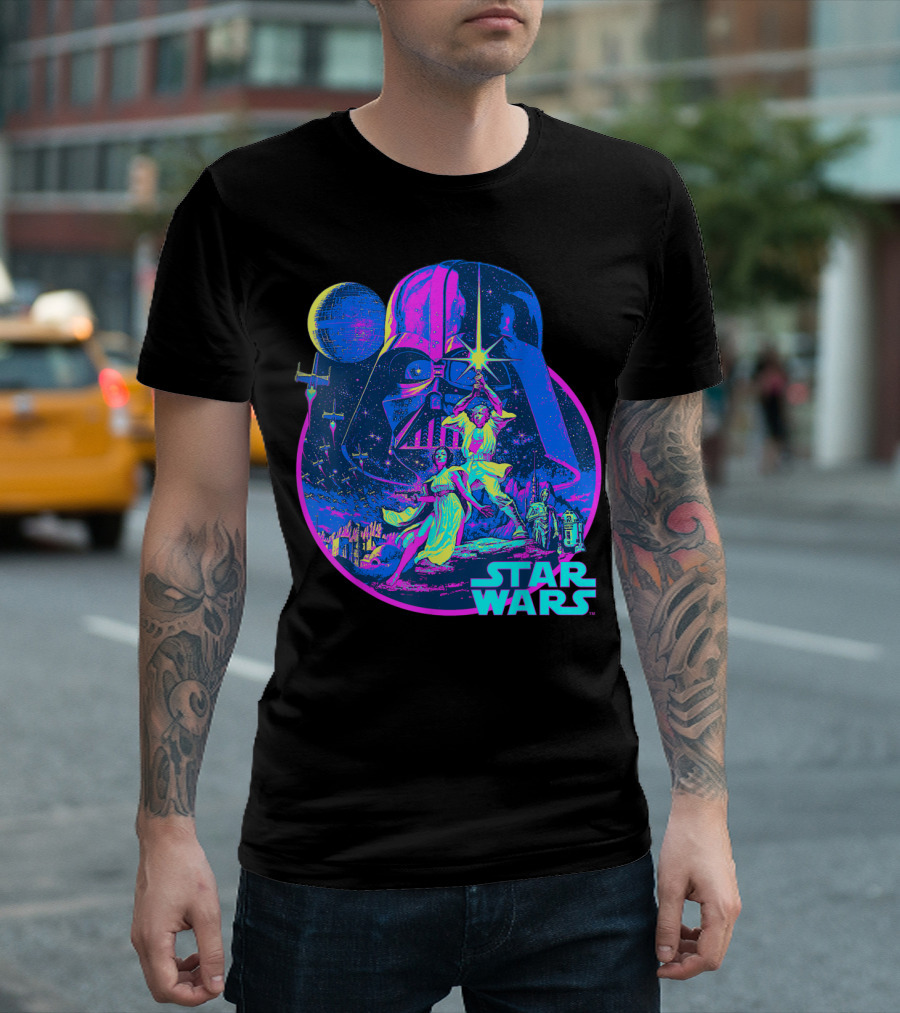 Star Wars Vibrant Neon Vader Luke Leia Retro Scene T-Shirt