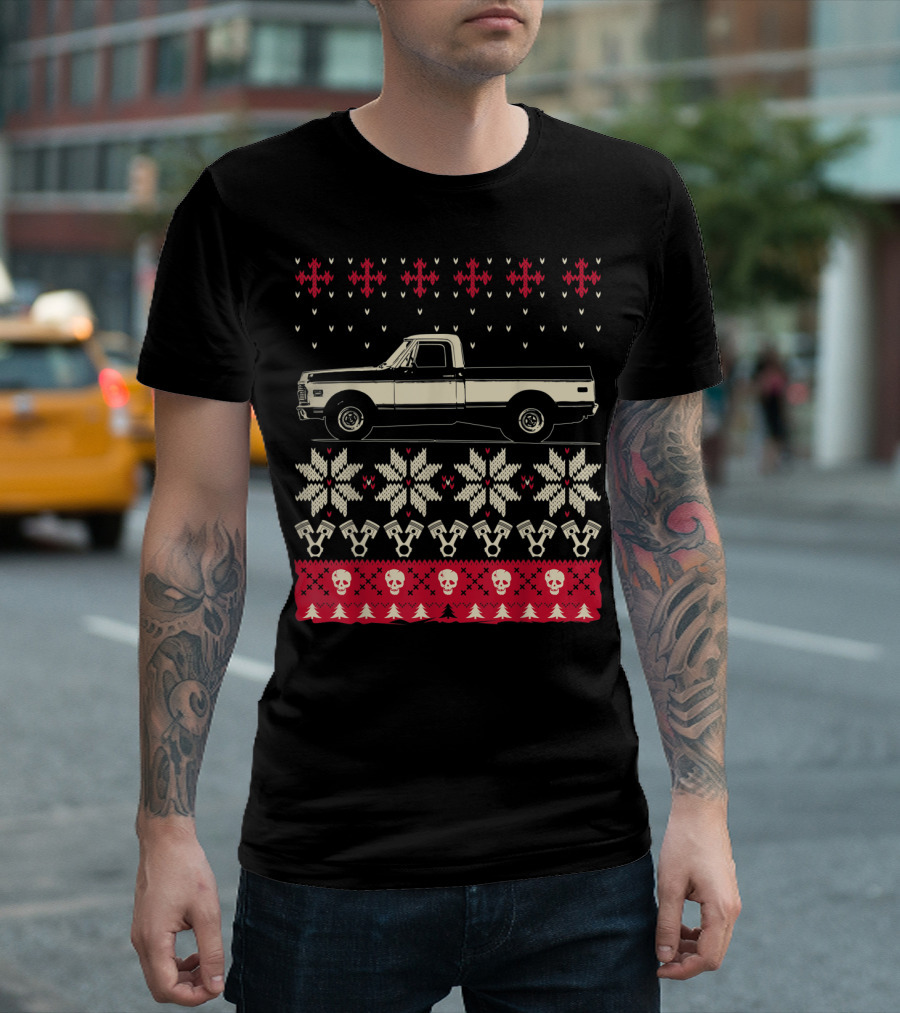 Ugly Christmas Classic American Pickup Vintage Truck Snowflakes Skulls and Trees T-Shirt