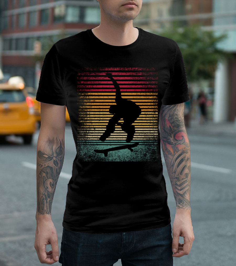 Vintage Style Skateboarding Skate Skater Silhouette Retro Stripes T-Shirt