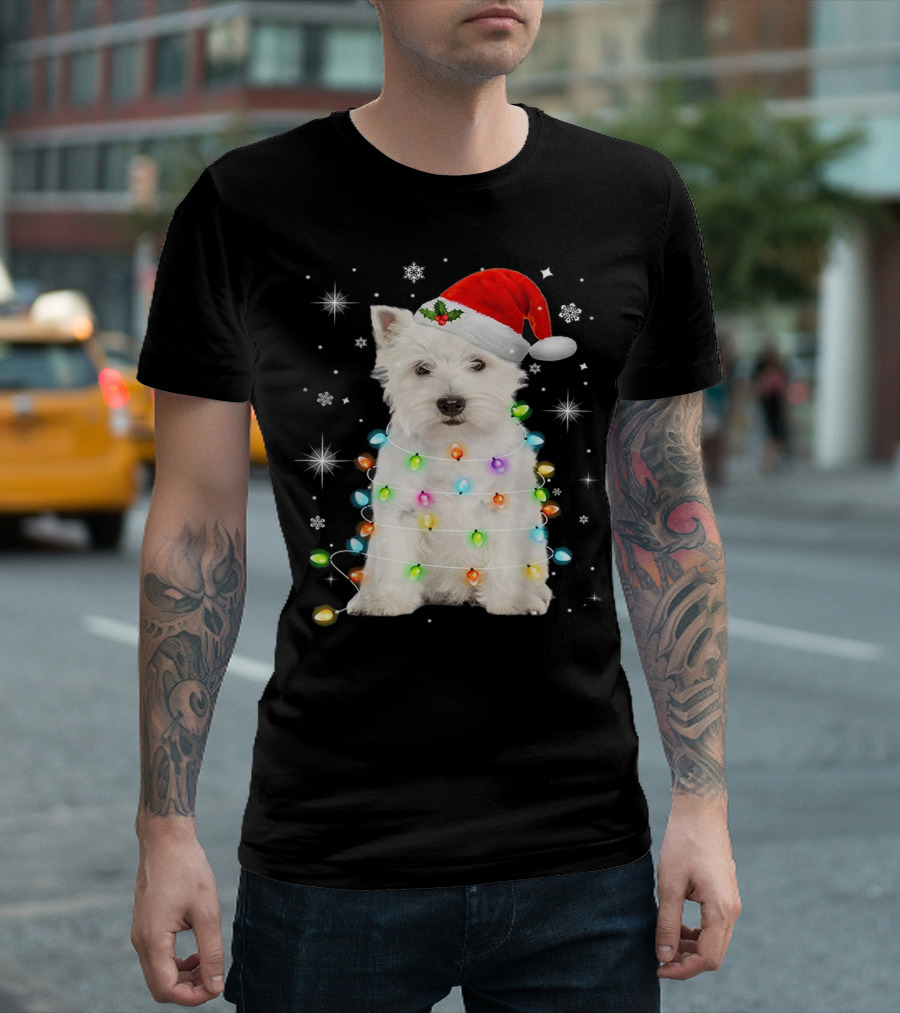 Santa Hat West Highland White Terrier Christmas Lights T-Shirt