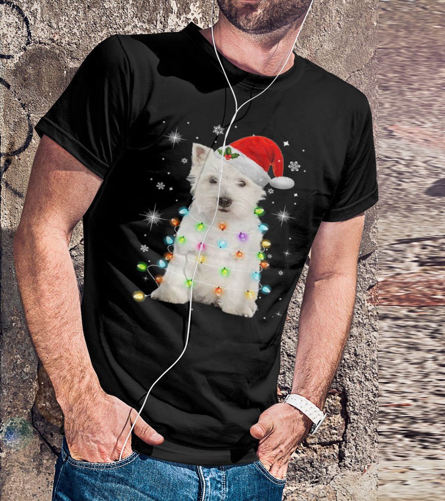 Santa Hat West Highland White Terrier Christmas Lights T-Shirt