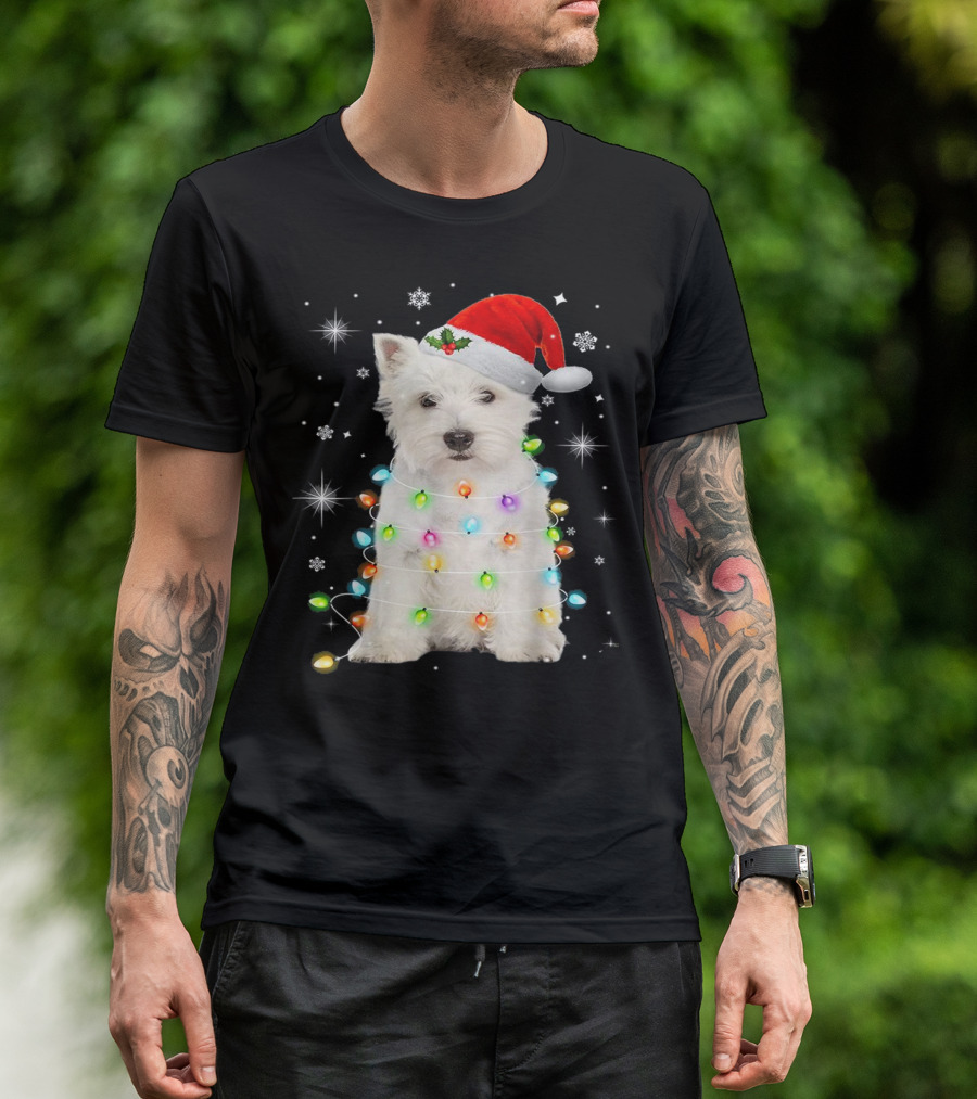 Santa Hat West Highland White Terrier Christmas Lights T-Shirt