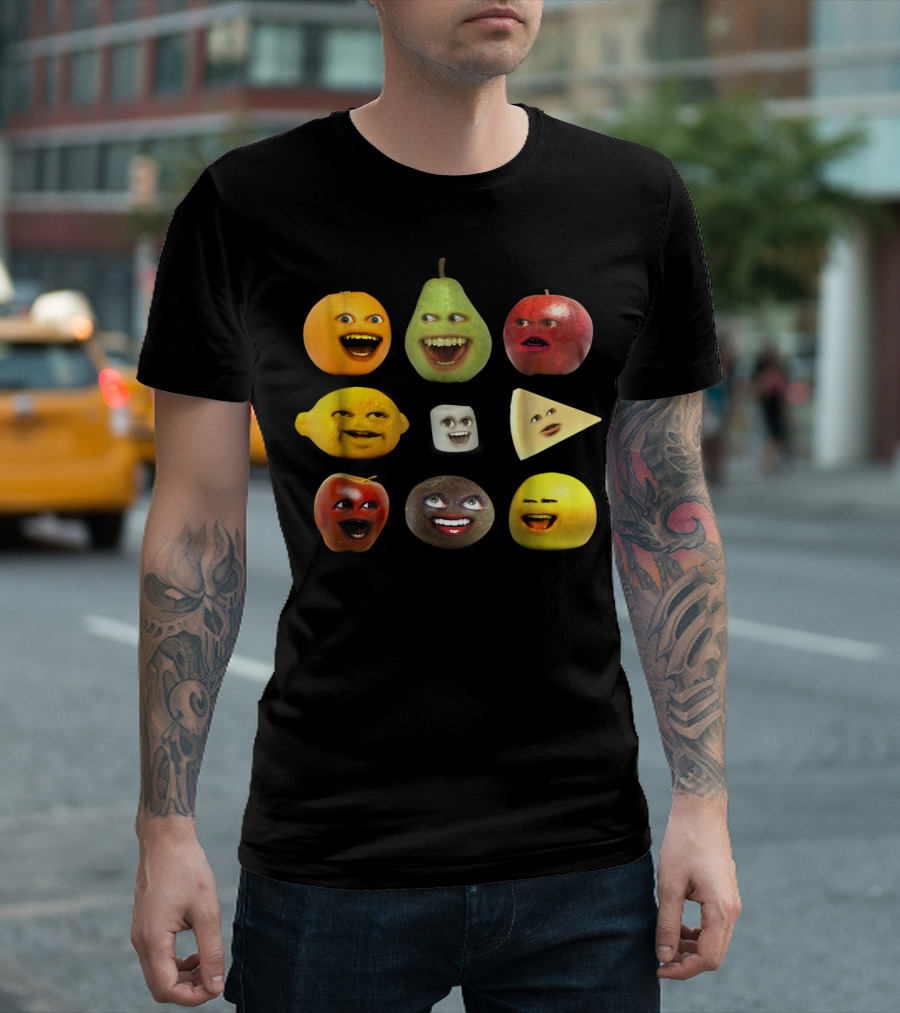 Annoying Orange Pear Apple Lemon Marshmallow Cheese Kiwi Cast Of Characters T-Shirt