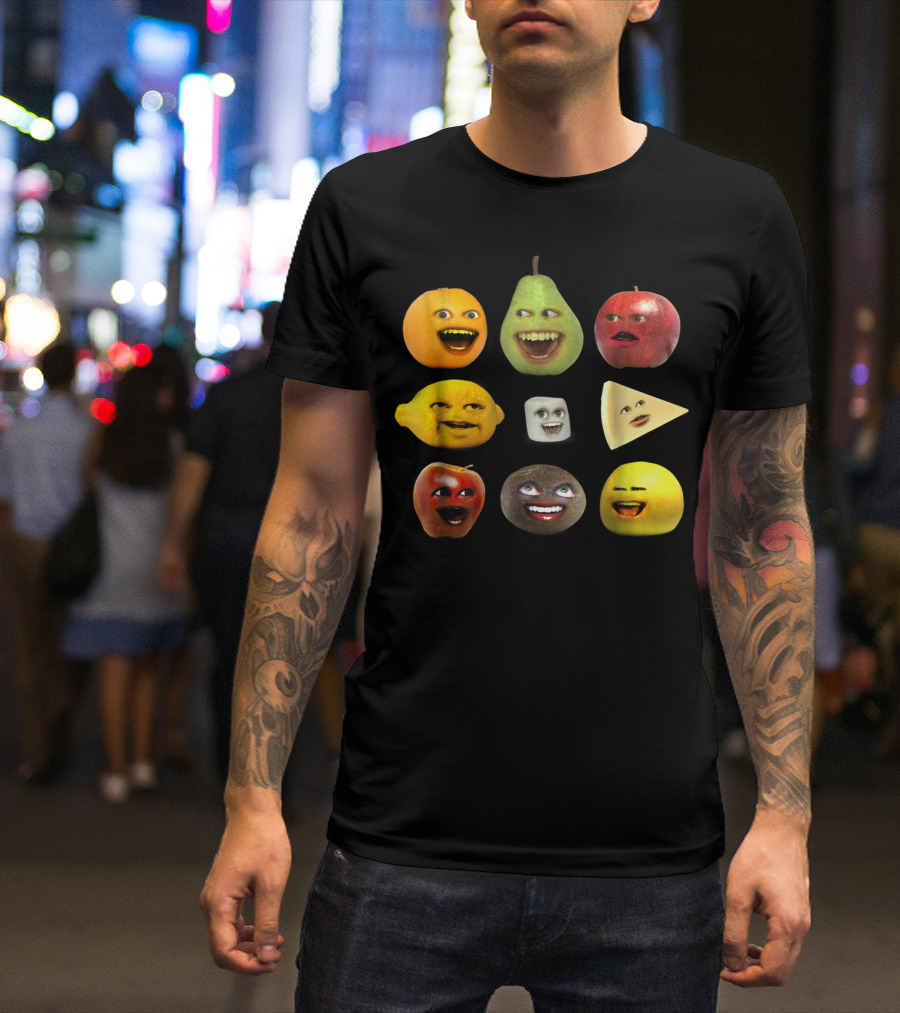 Annoying Orange Pear Apple Lemon Marshmallow Cheese Kiwi Cast Of Characters T-Shirt