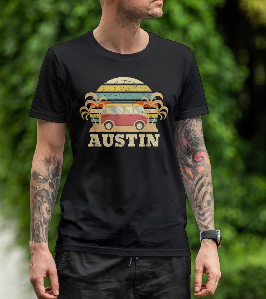 Austin Vintage Sunset Palm Trees Retro Van Adventure T-Shirt