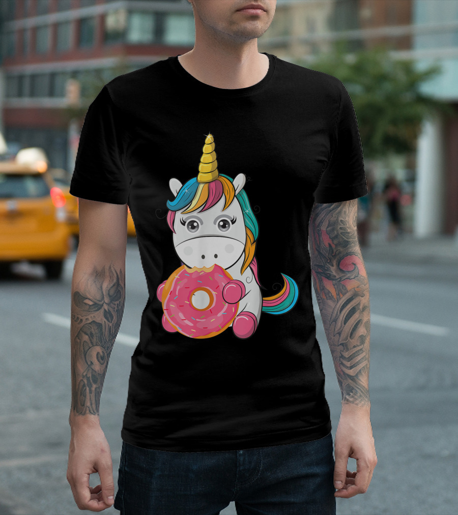 Unicorn Eating Donuts Funny Fashion T-Shirt