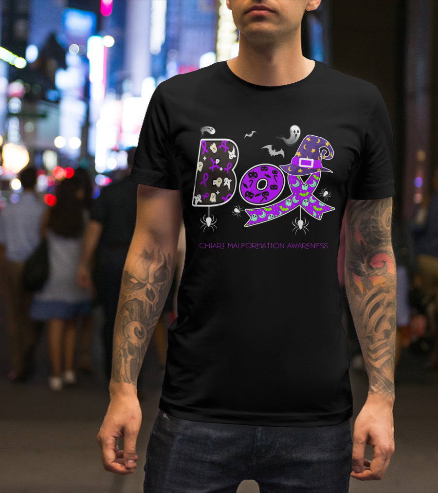 Boo Chiari Malformation Awareness Purple Ribbon Halloween Theme With Ghosts And Witch Hat T-Shirt