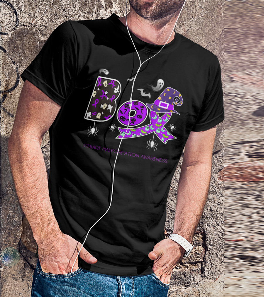 Boo Chiari Malformation Awareness Purple Ribbon Halloween Theme With Ghosts And Witch Hat T-Shirt