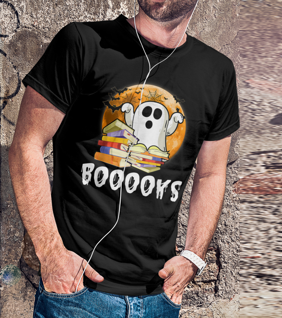 Booooks Adorable Ghost Reading Books With Pumpkins And Bats T-Shirt
